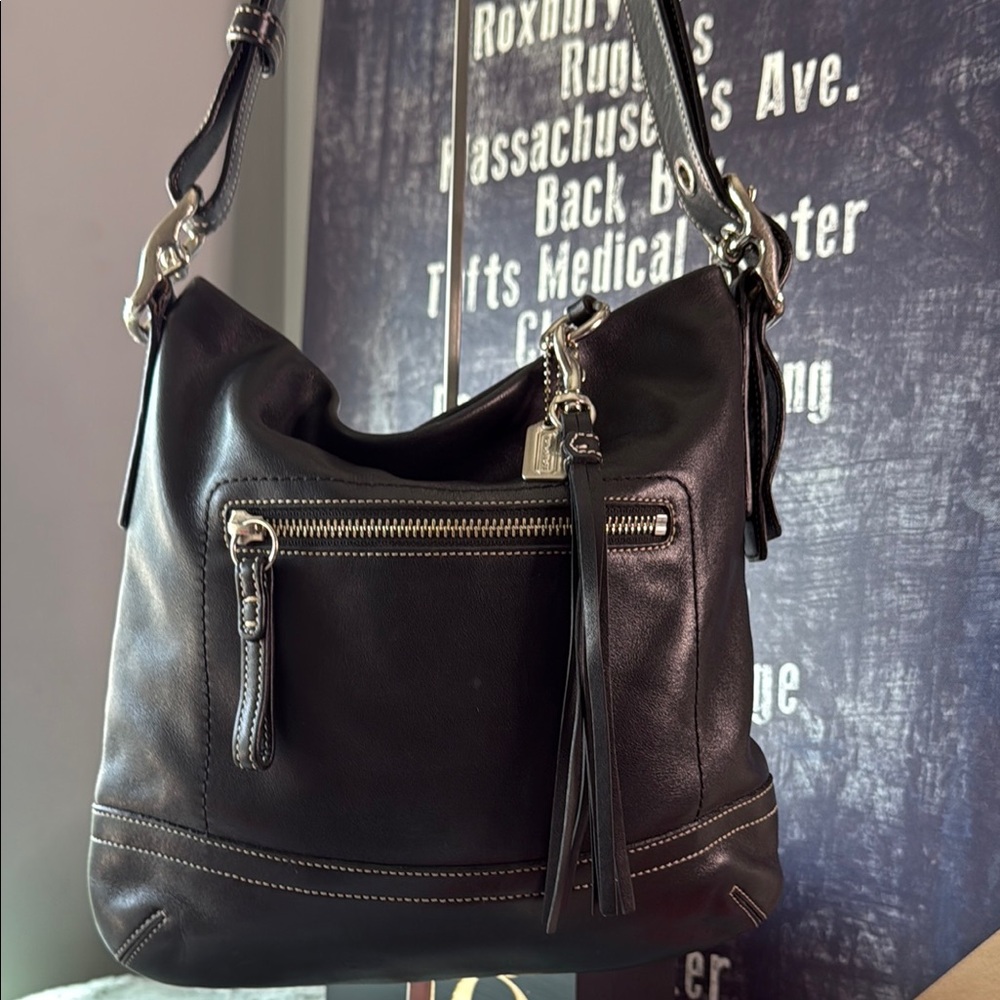 Coach Black Leather Hobo Bag with Silver Accents